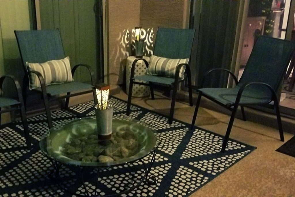 recycled fire pit coffee table at night