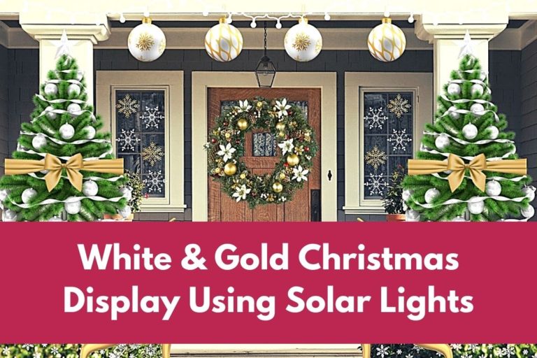 White and Gold Front Porch Christmas Decorating Idea Using Solar Lights