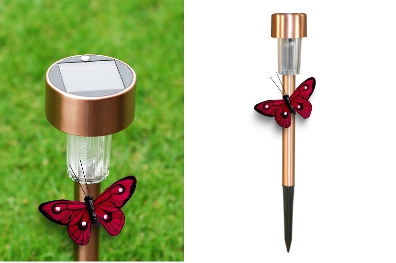 copper stake light with red butterfly accent