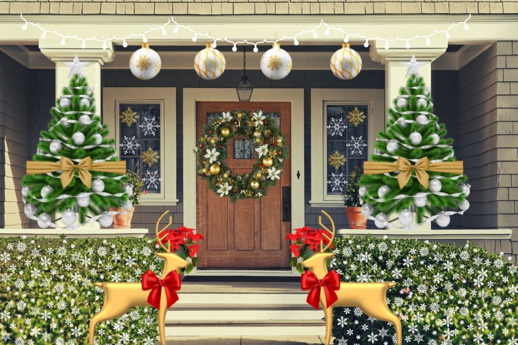 front porch with solar lights and white and gold decorations