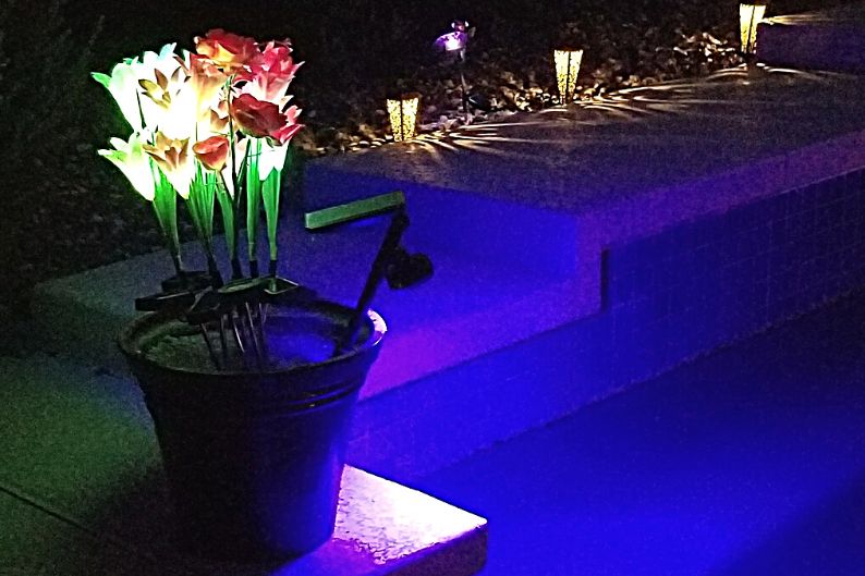 solar lilies in planter with blue spotlight pointing towards the pool