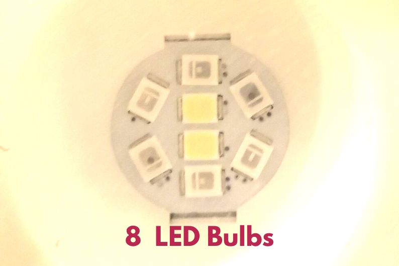 Closeup of 8 LEDs in color-changing solar light