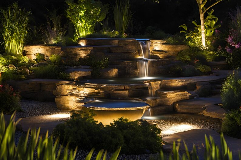 backyard rock waterfall lit with solar lights