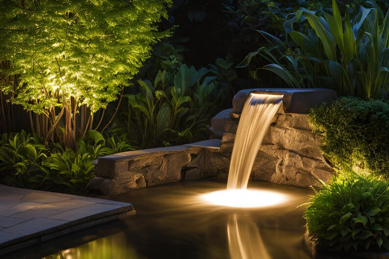 backyard water feature lit up at night