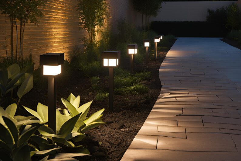 modern white solar lights edging desert landscaping