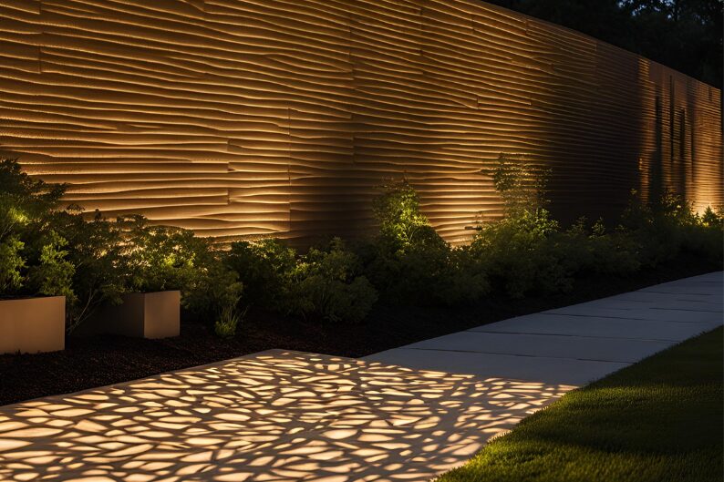 patterned path lights against modern yard wall