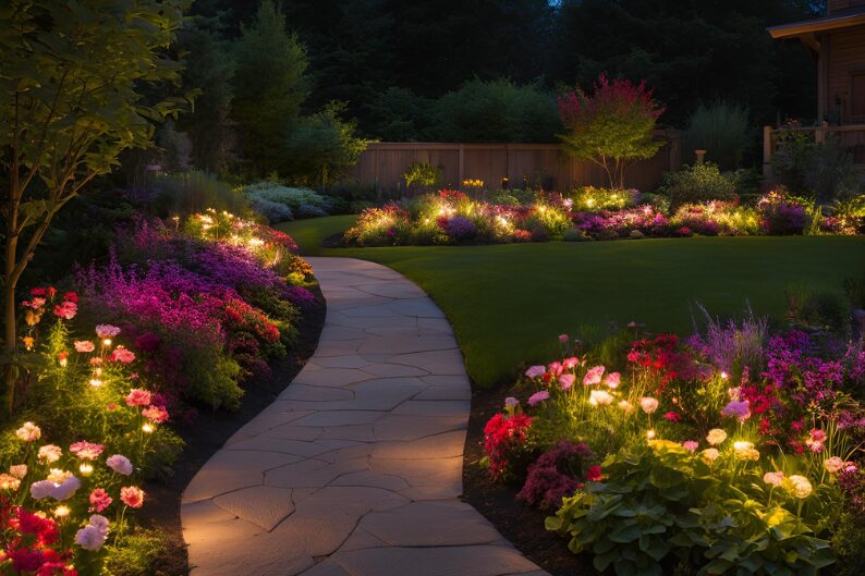 small solar lights highlighting flower beds