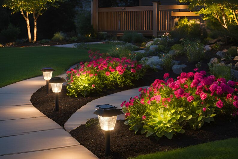 solar lights edging a border of pink flowers