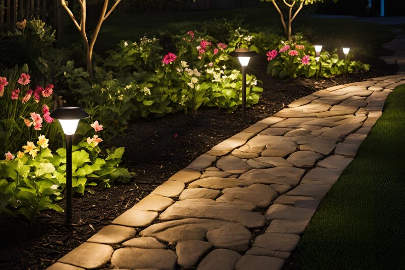 tall solar lights along a stone walkway