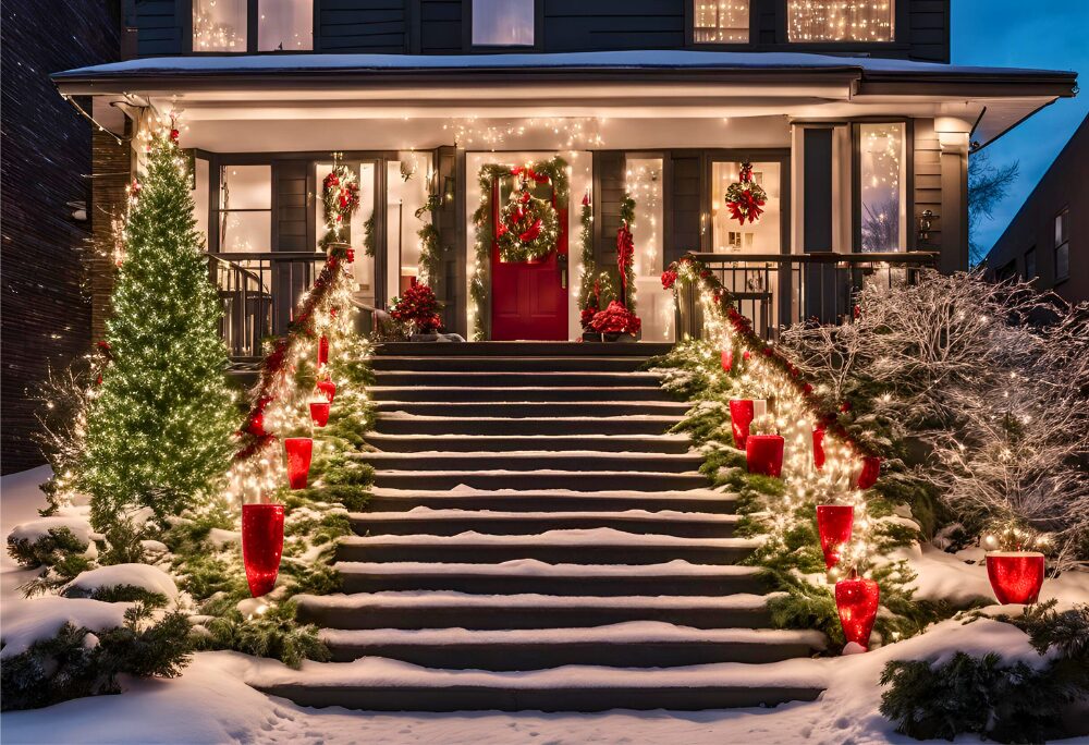 Front porch red white solar Christmas lights