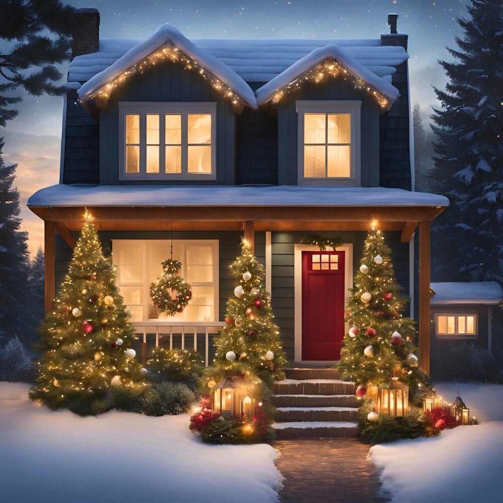 two story house with solar christmas lanterns