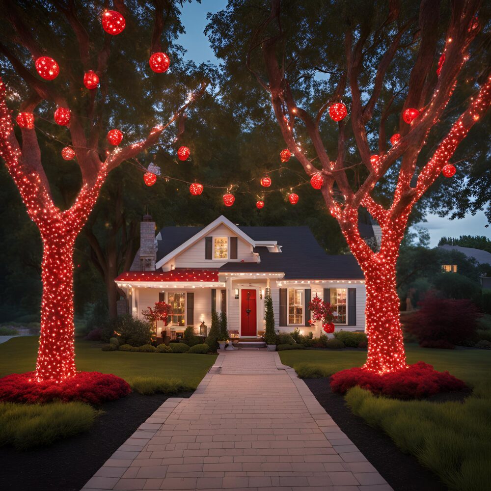 All red solar lights on trees for 4th of July