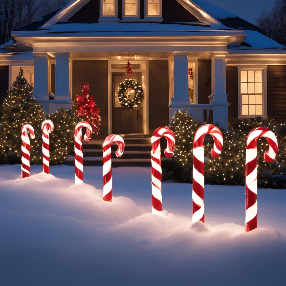 Candy Cane Solar Stake Lights Along Walkway