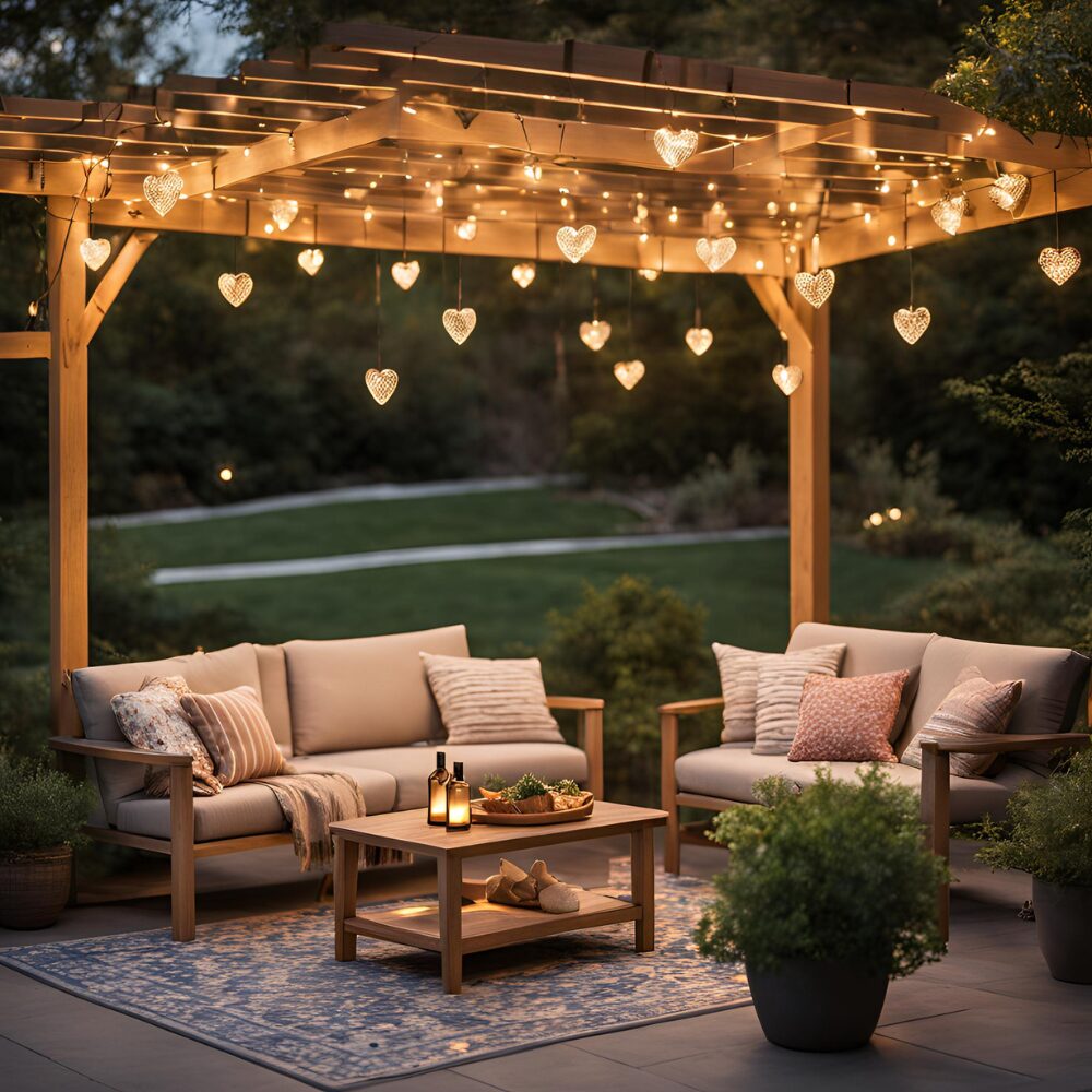 Dangling solar white heart lights on pergola