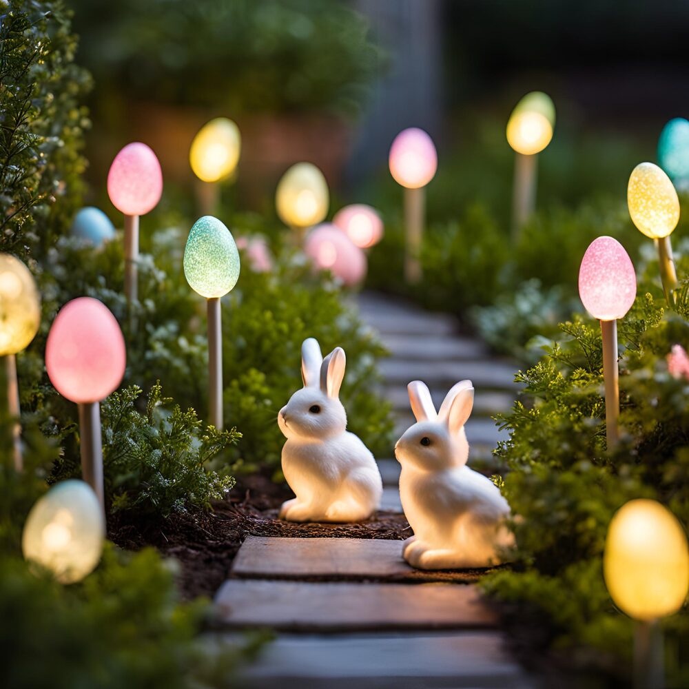 Easter egg solar stake lights lining a path