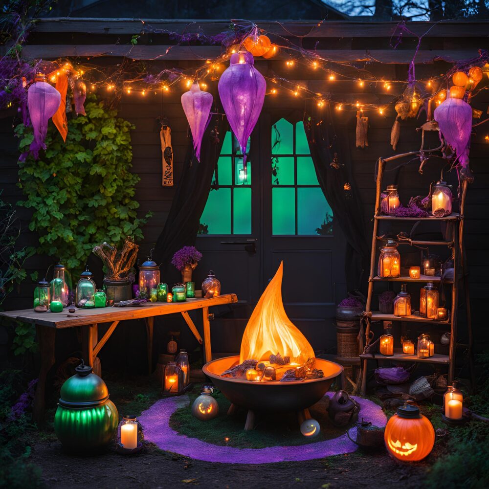 Eery Halloween witch scene with orange purple and green