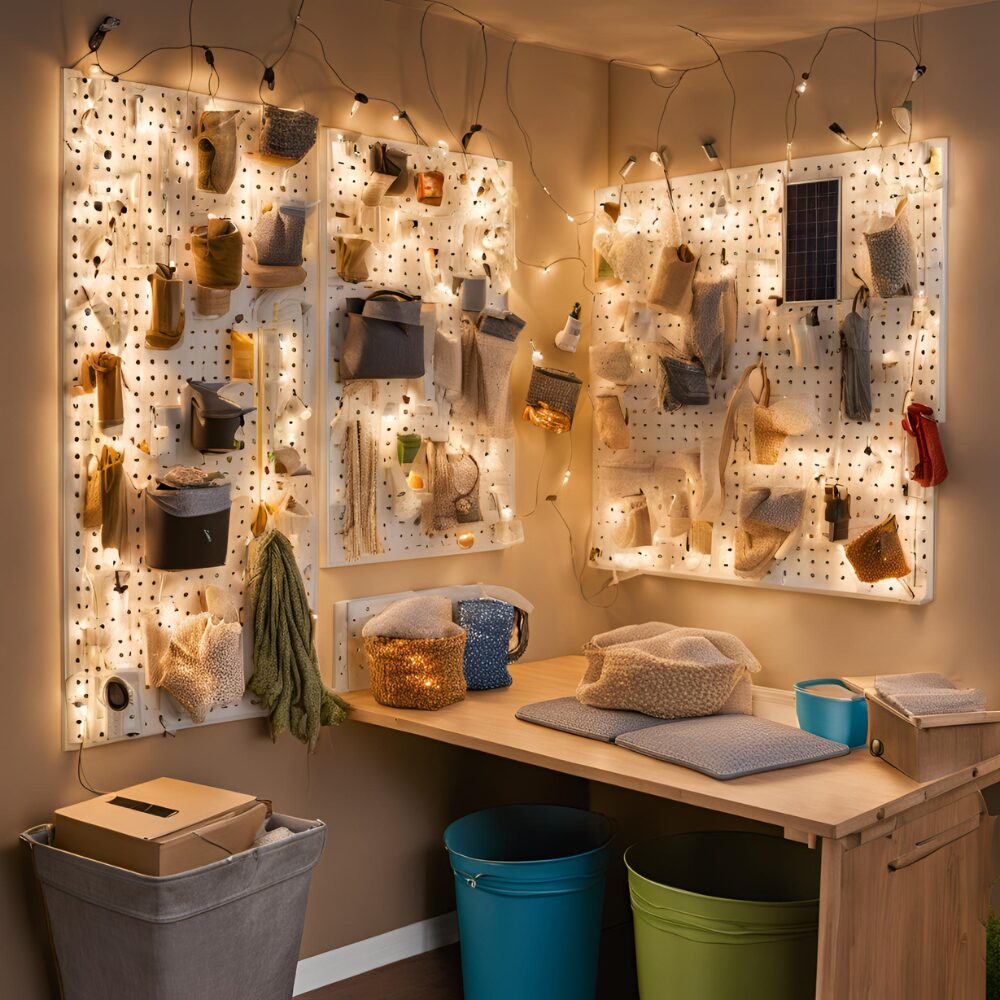 Garage pegboard with solar string lights