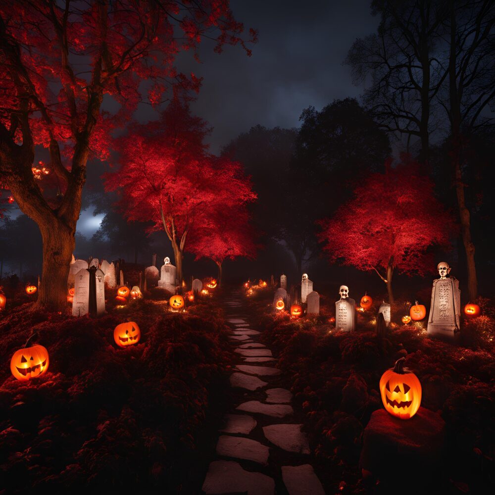 Halloween headstones pumpkins and skulls