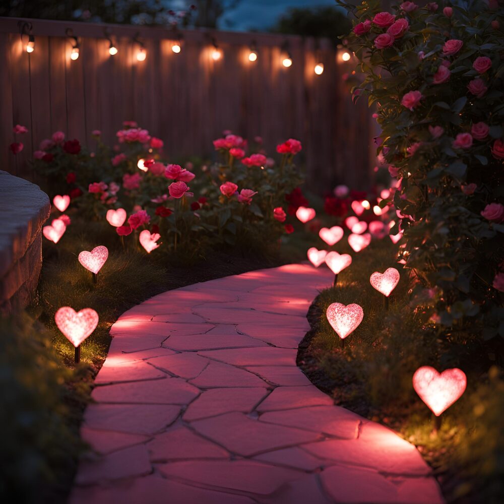 Heart shaped pink solar stake lights