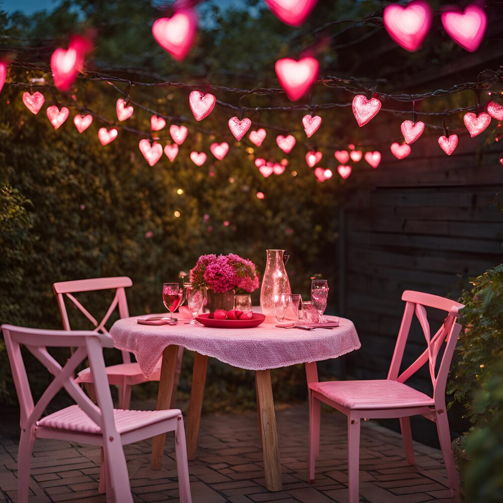 Intimate Valentines Day outdoor table with pink heart lights