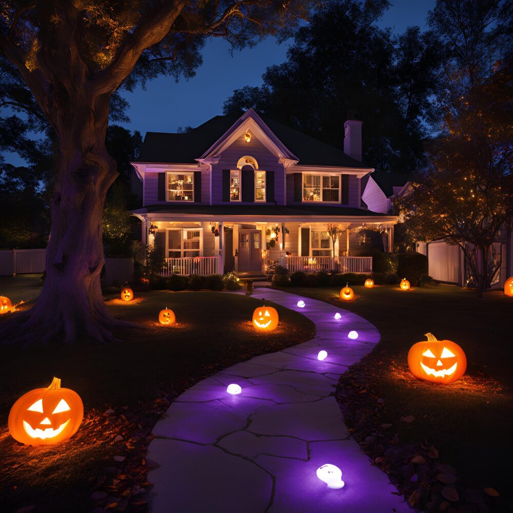 Orange and purple pumpkins and spotlights