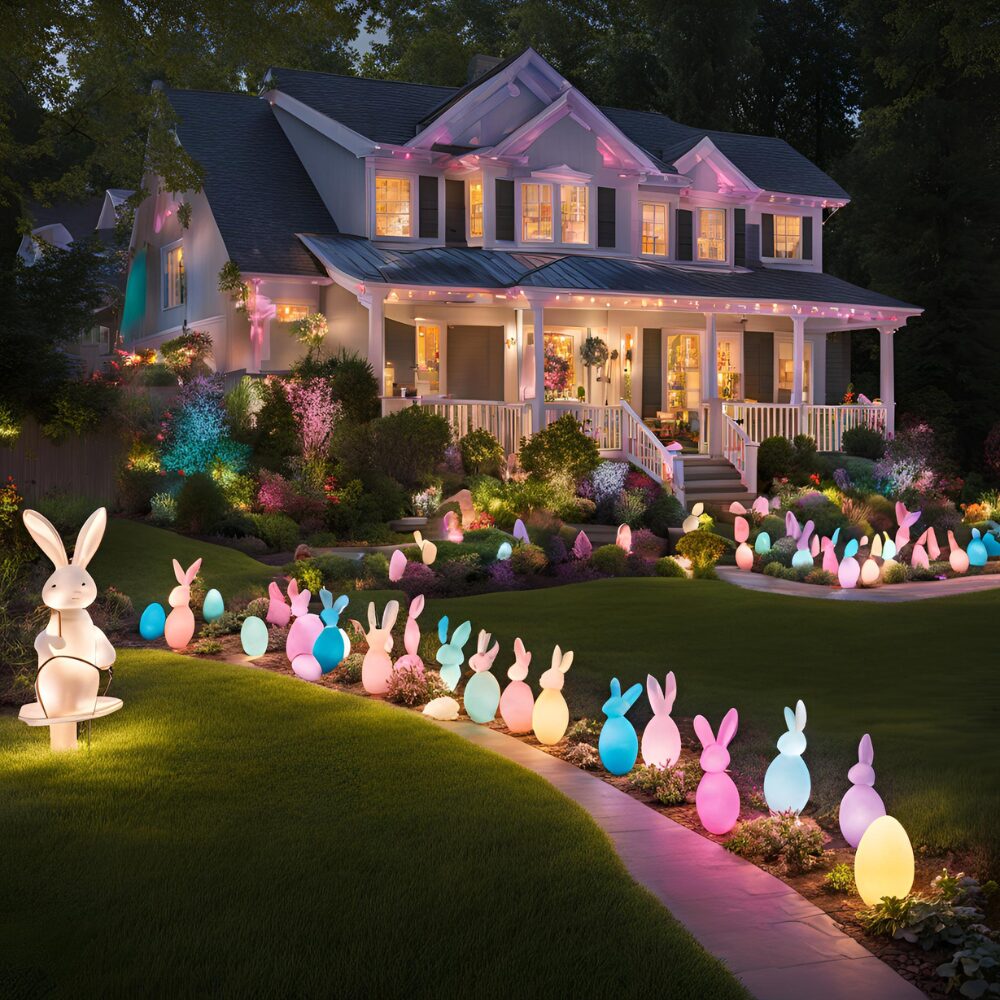 Pastel string lights and spot lights in Easter display