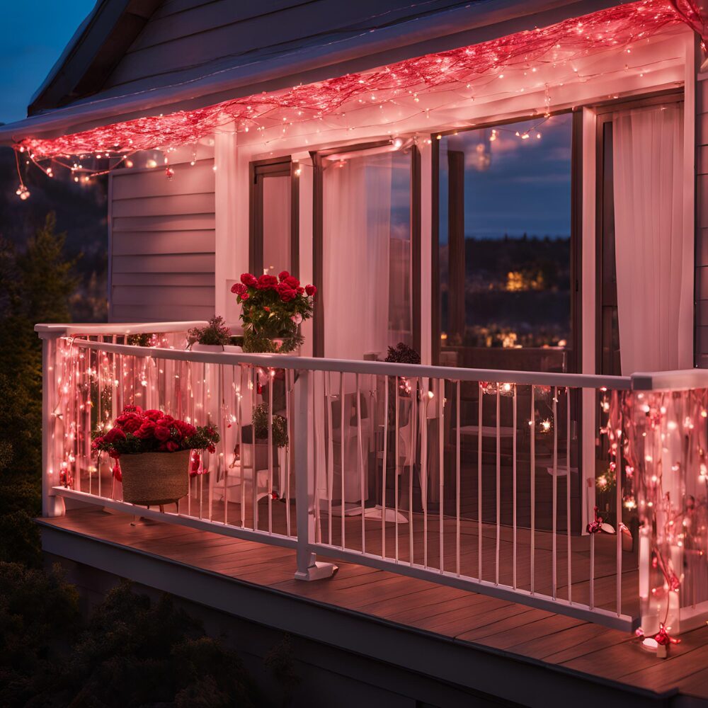 Pink and red solar fairy lights around patio