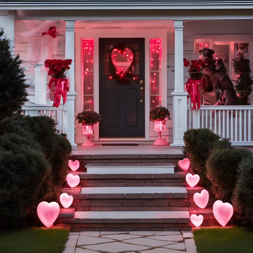 Pink heart stake lights leading to front door