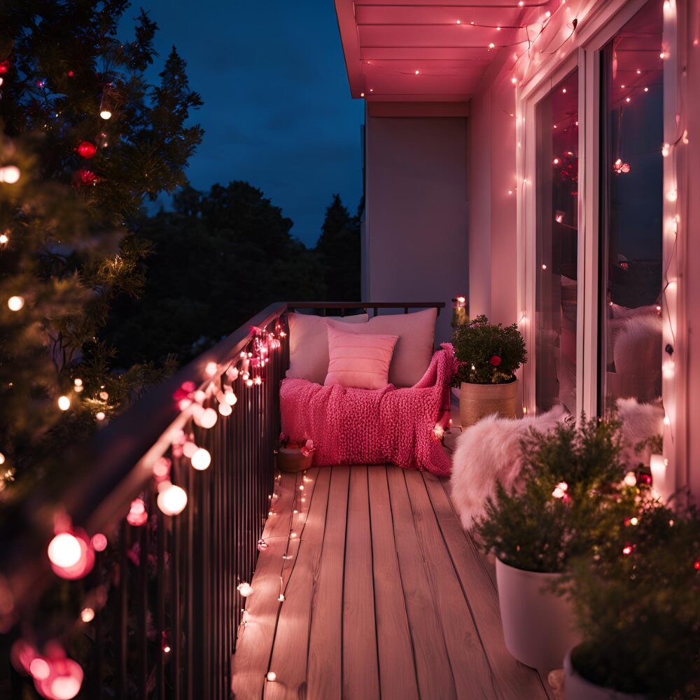 Pink solar lights around romantic balcony setting