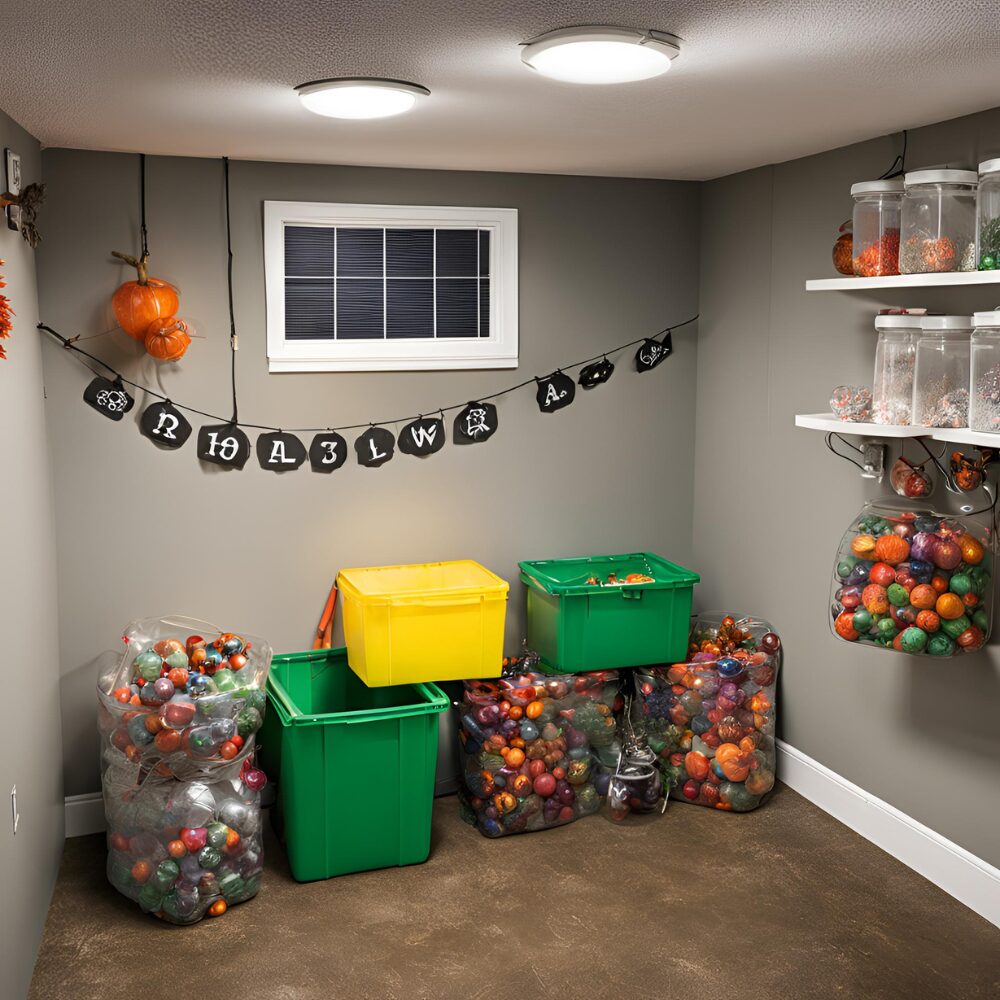 Plastic storage bins in garage corner