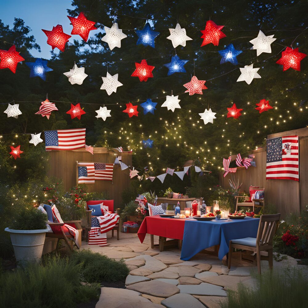 Red white and blue star lights with flags around outdoor table