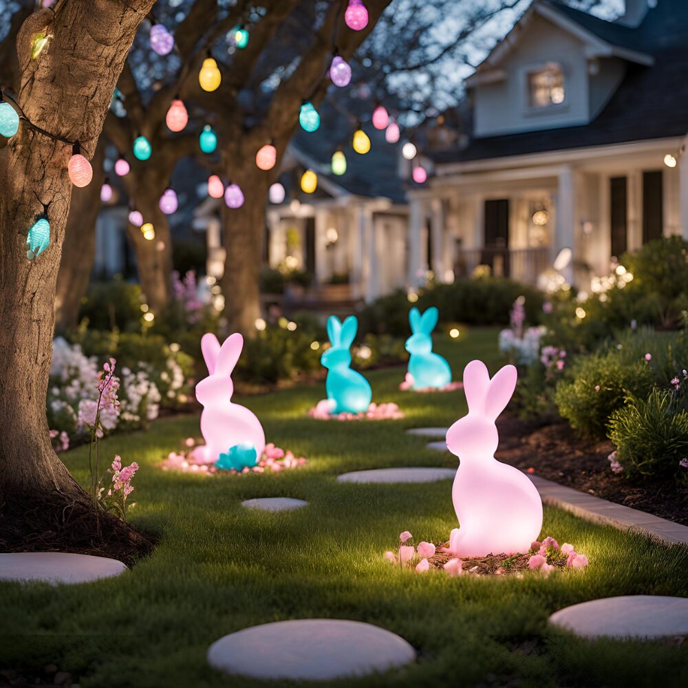 Solar bunny lights in front yard