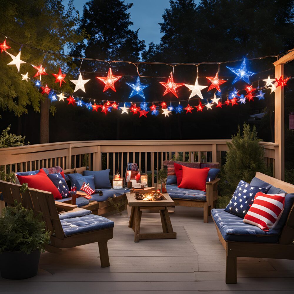 Solar star string lights and lanterns on red white and blue patio