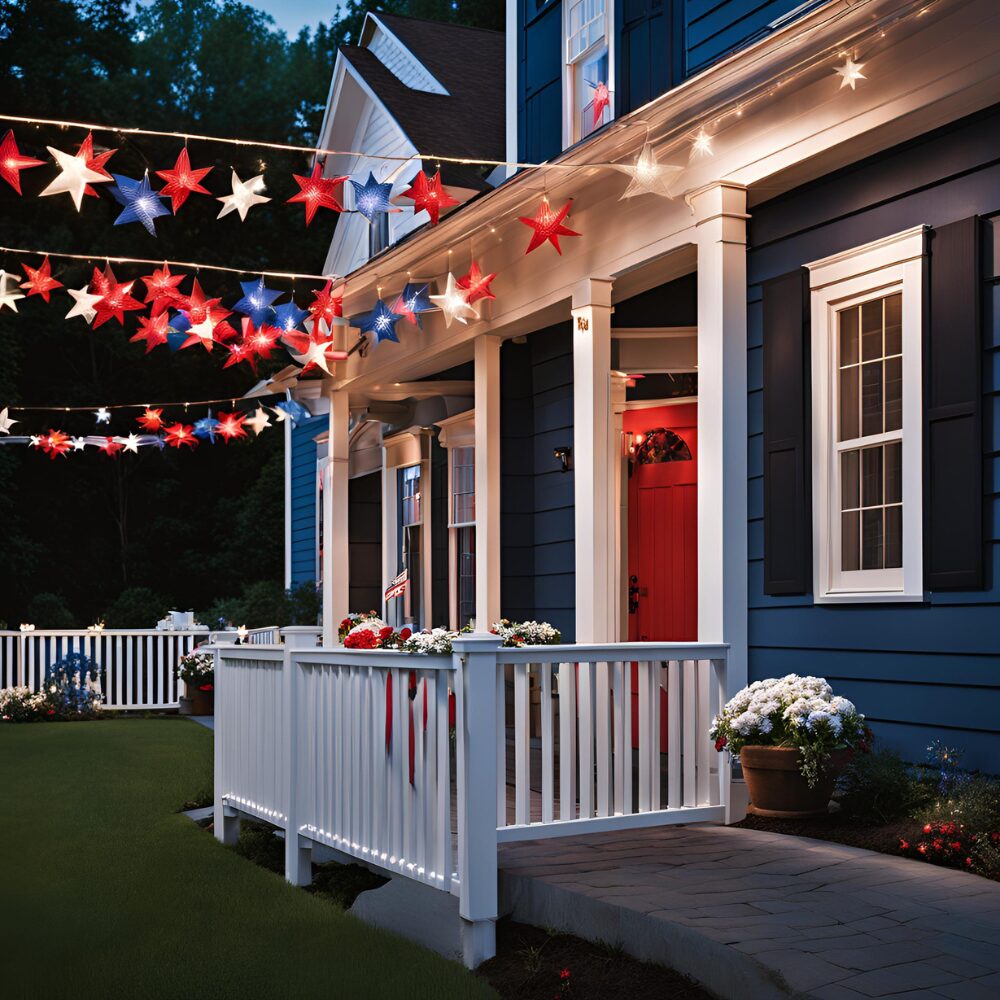 Solar star string lights on front porch