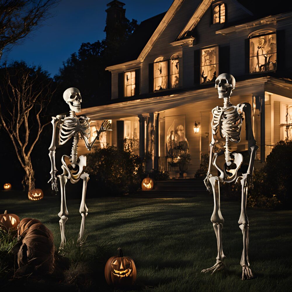 Tall uplit Halloween skeletons