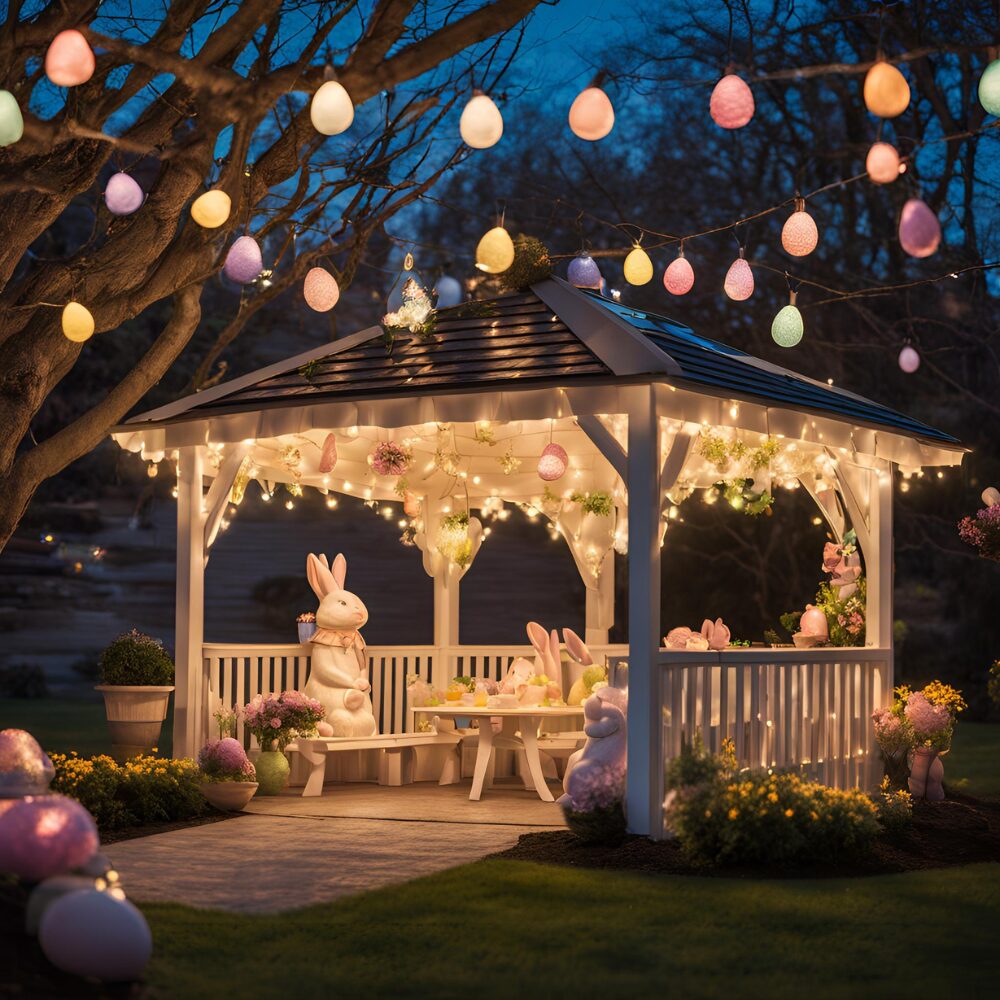 Whimsimcal bunnies around a table and solar string light decorations