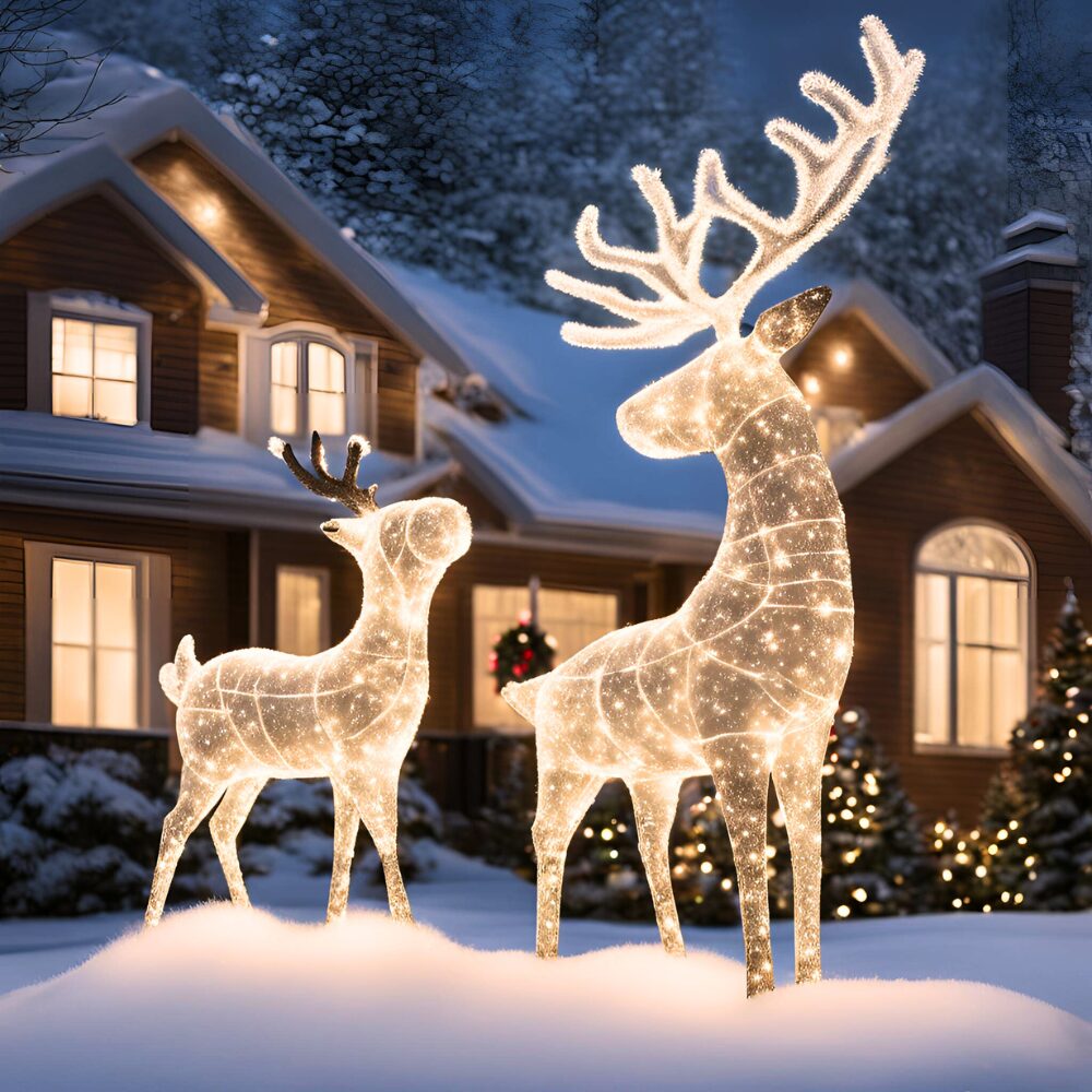 White Solar Christmas Reindeer Statues