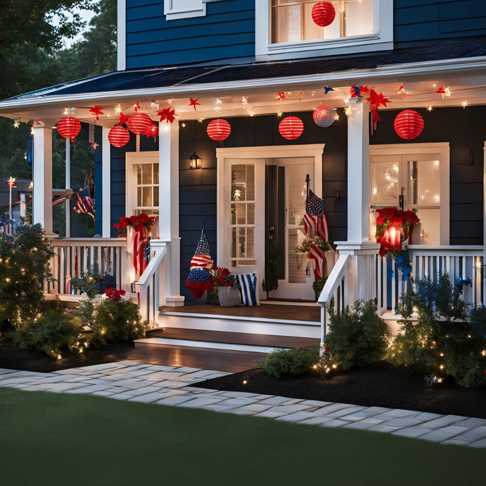 White solar string lights and red ball lanterns around front porch